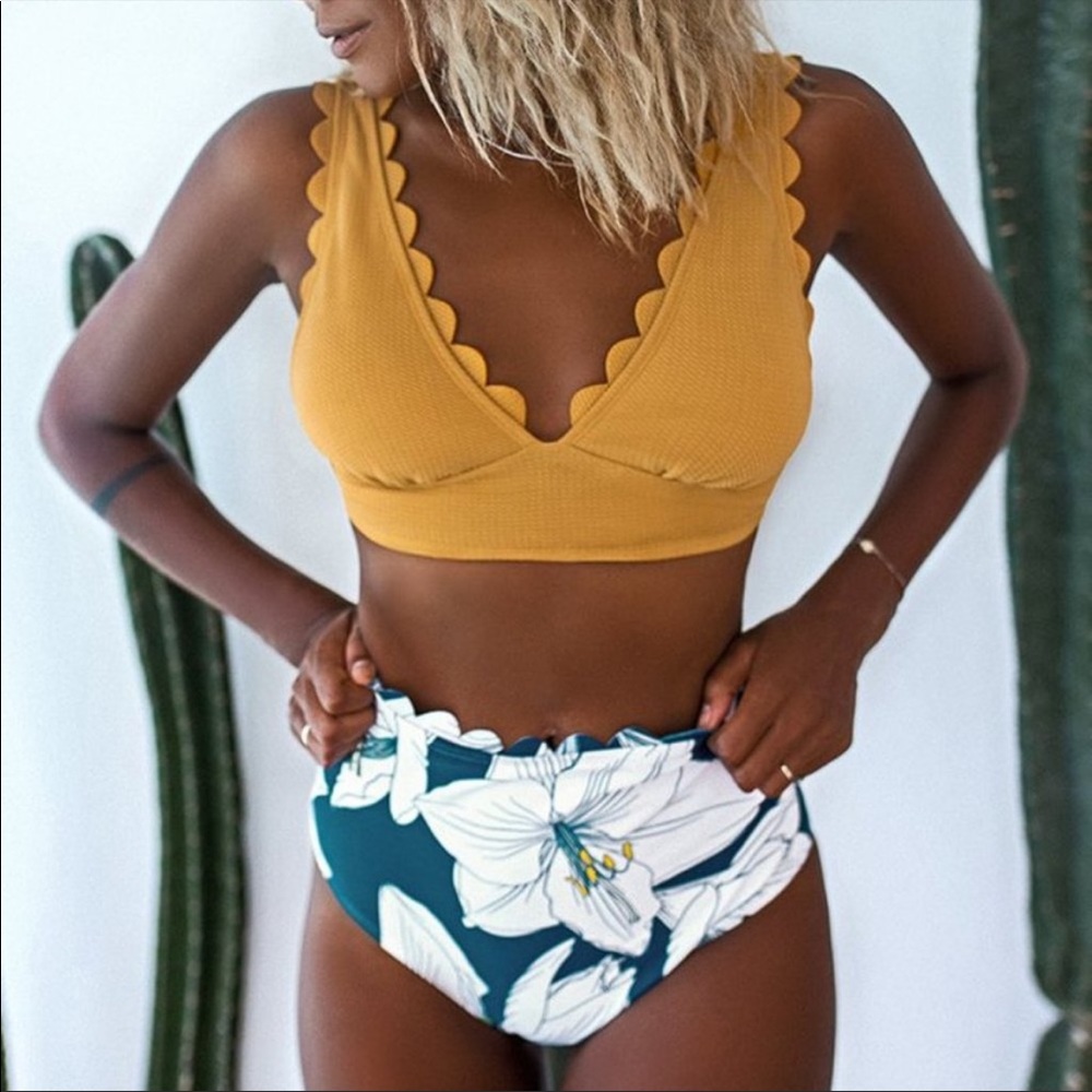 Cupshe Mustard 2 Piece High Waisted Swim Suit
